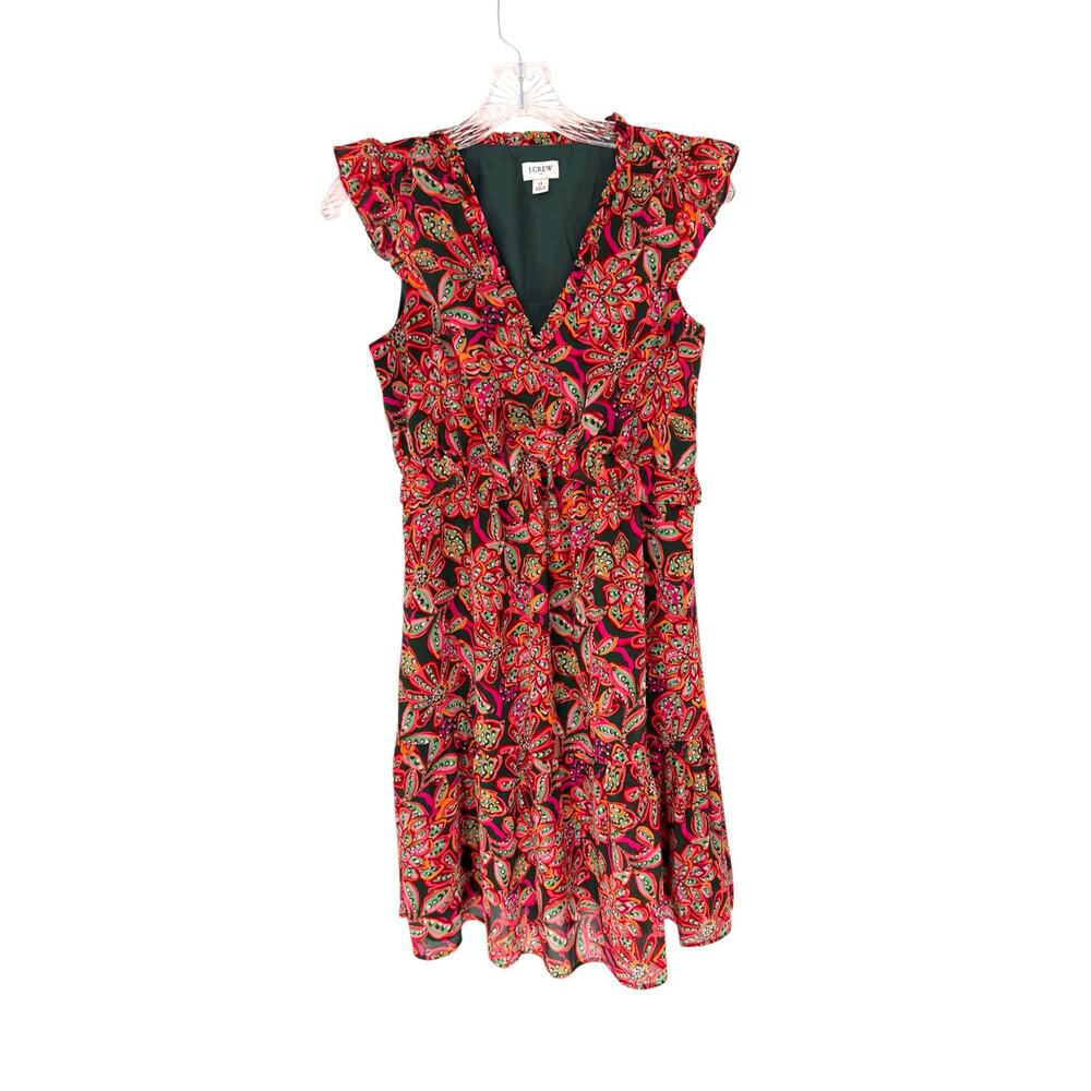 J.Crew Dress Prink Green Dainty V-Neck‎ Ruffle Broomstick Short Sleeve Size 0